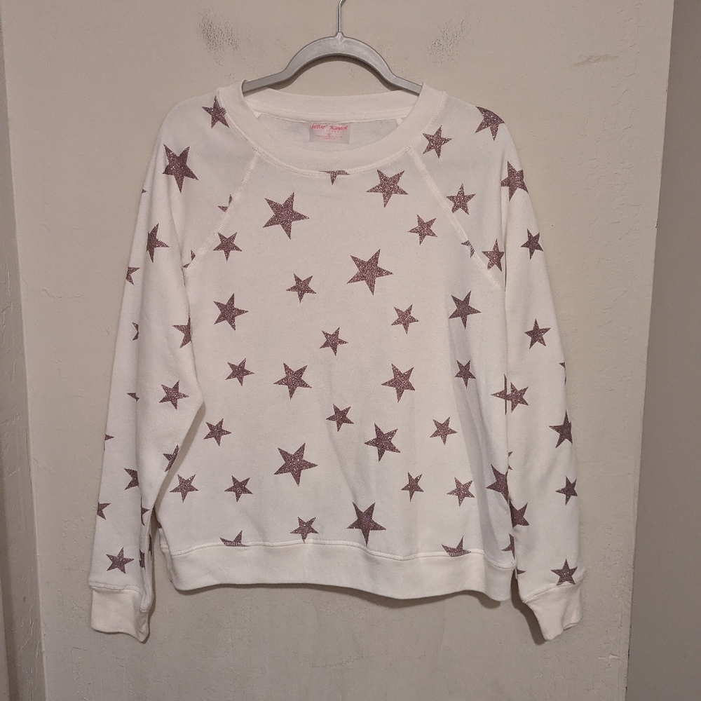 Betsey Johnson Performance White Sparkly Star Sweater Fleece Lined Size Medium